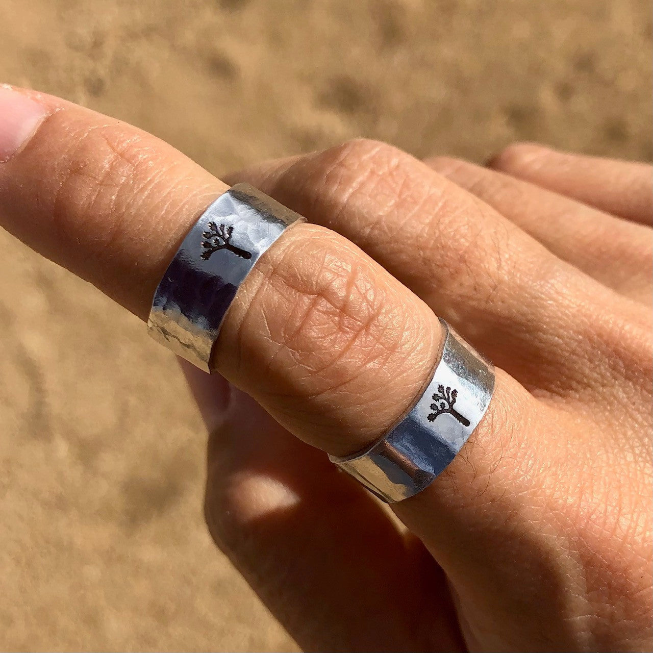 Hand-stamped and textured Joshua Tree rings made locally by Swirly Haze Studio