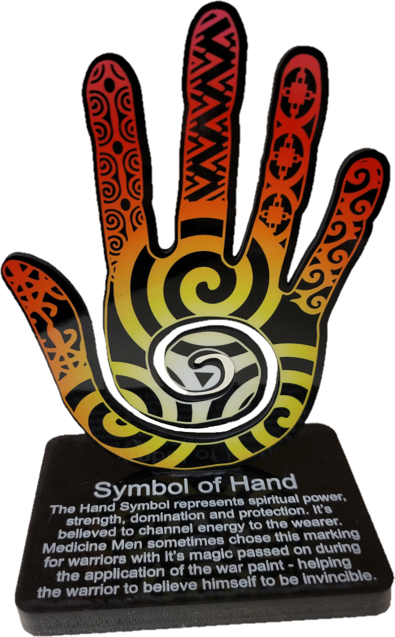 Symbol of Hand Color Stand. Approx 4-1/2" tall
The Hand Symbol represents spiritual power, strength, domination, and protection. It's believed to channel energy to the wearer. Medicine Men sometimes chose this marking for warriors with its magic passed on during the application of the war paint - helping the warrior to believe himself to be Invincible.