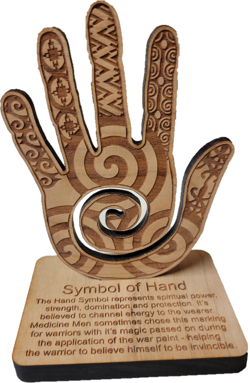 Symbol of Hand Wood Stand. Approx 4-1/2" tall
The Hand Symbol represents spiritual power, strength, domination, and protection. It's believed to channel energy to the wearer. Medicine Men sometimes chose this marking for warriors with its magic passed on during the application of the war paint - helping the warrior to believe himself to be Invincible.