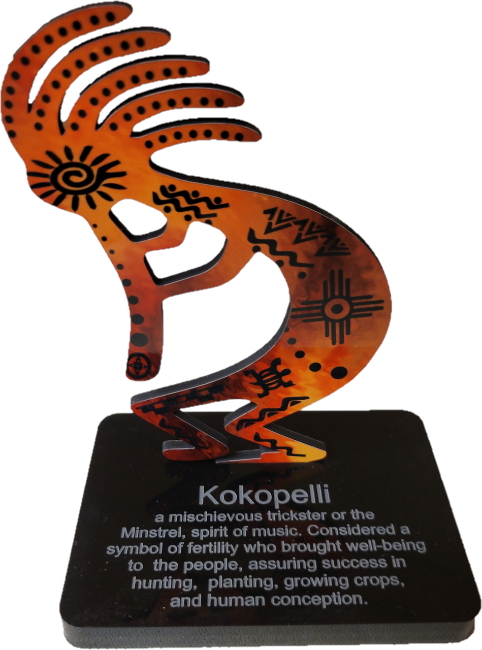 Kokopelli Color Stand. Approx 4-1/2" tall
A mischievous trickster or the Minstrel, spirit of music. Considered a symbol of fertility who brought well-being to the people, assuring success in hunting, planting, growing crops, and human conception.