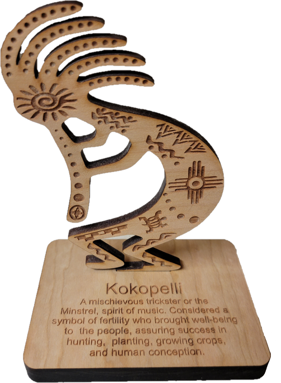 Kokopelli Wood Stand. Approx 4-1/2" tall
A mischievous trickster or the Minstrel, spirit of music. Considered a symbol of fertility who brought well-being to the people, assuring success in hunting, planting, growing crops, and human conception.