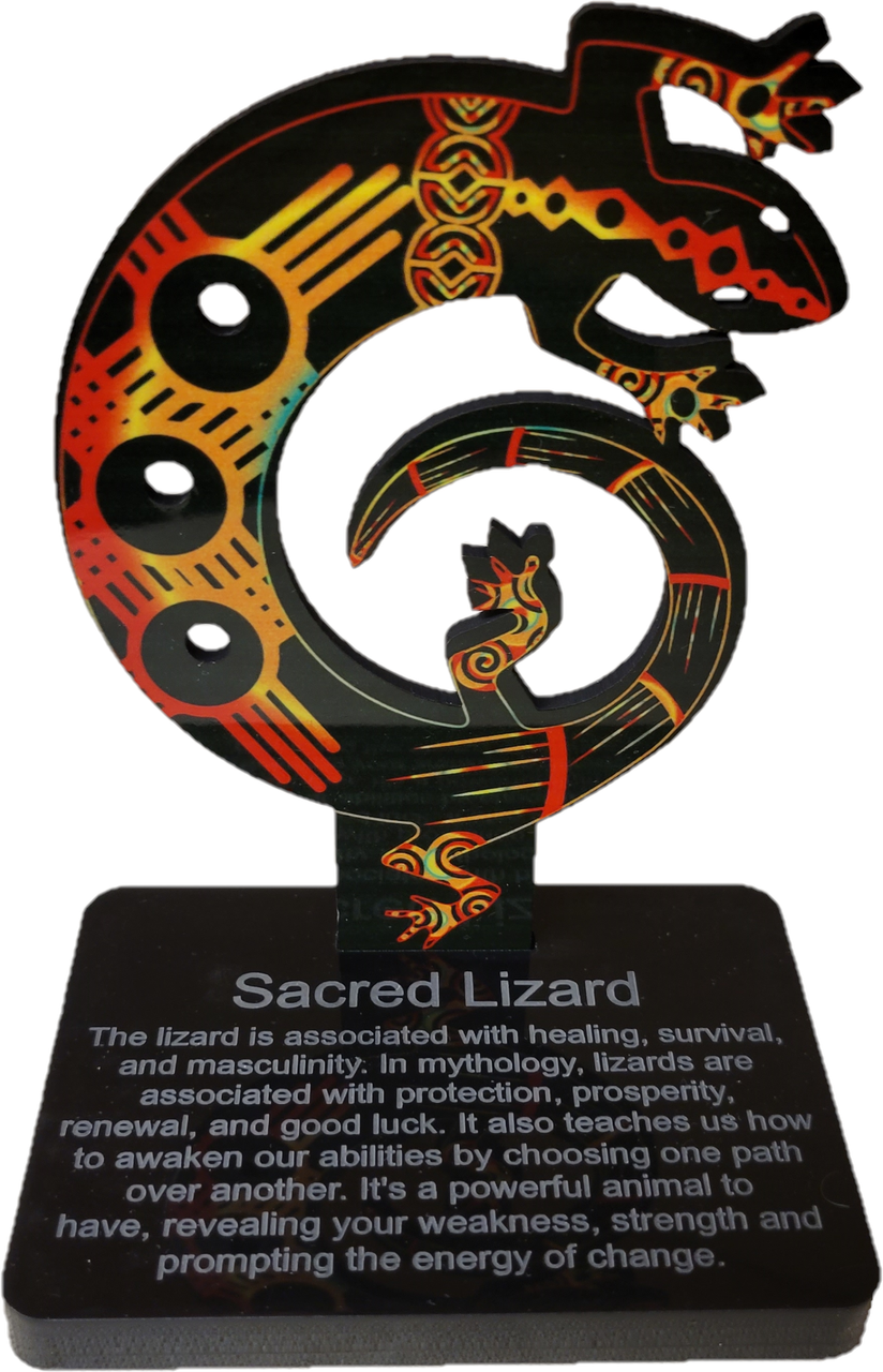 Sacred Lizard Color Stand. Approx 4-1/2" tall
The Lizard is associated with healing, survival, and masculinity. In mythology, lizards are associated with protection, prosperity, renewal, and good luck. It also teaches us how to awaken our abilities by choosing one path over another. It's a powerful animal to have, revealing your weakness, strength, and prompting the energy of change.