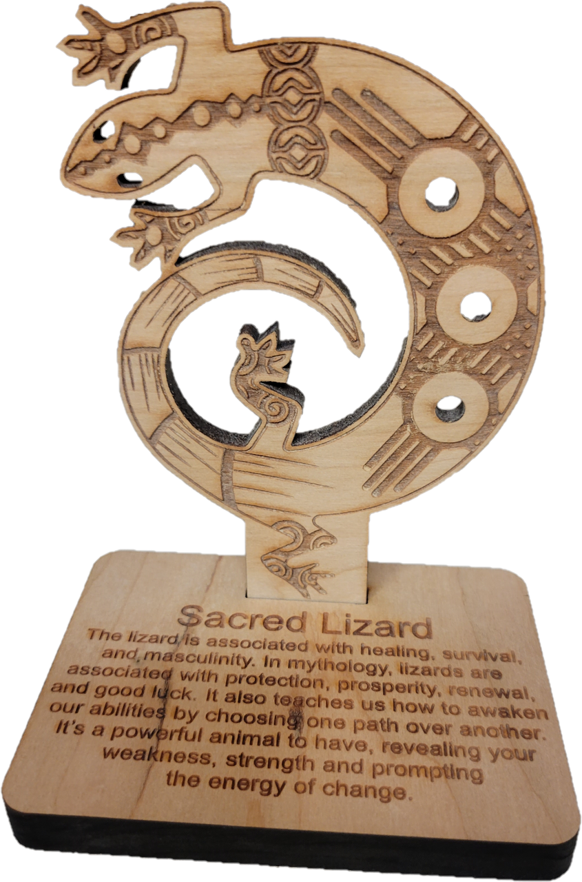 Sacred Lizard Wood Stand. Approx 4-1/2" tall
The Lizard is associated with healing, survival, and masculinity. In mythology, lizards are associated with protection, prosperity, renewal, and good luck. It also teaches us how to awaken our abilities by choosing one path over another. It's a powerful animal to have, revealing your weakness, strength, and prompting the energy of change.