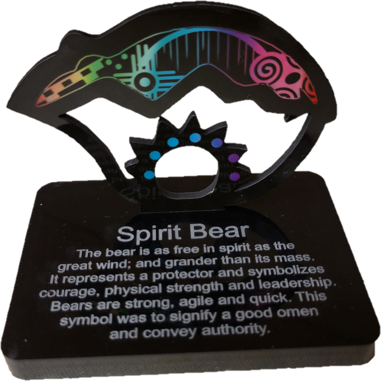 Spirit Bear Color Stand. Approx 2-1/2" tall
The Bear is as free in spirit as the great wind; and grander than its mass. It represents a protector and symbolizes courage, physical strength, and leadership. Bears are strong, agile, and quick. This symbol was to signify a good omen and convey authority.