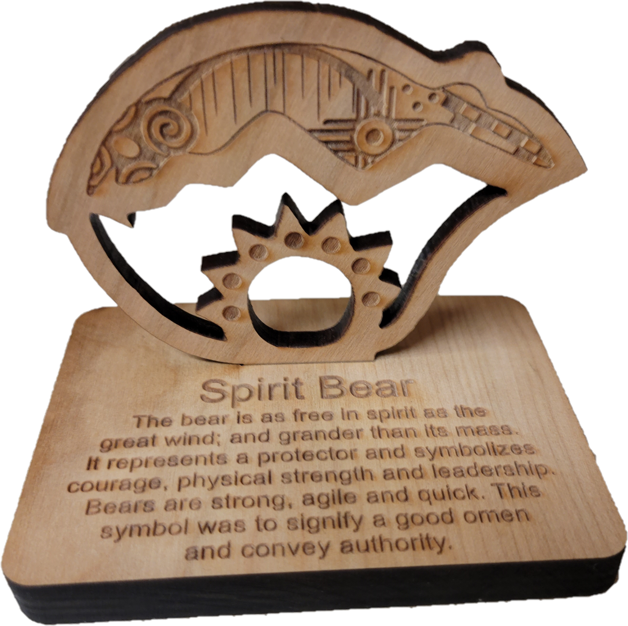 Spirit Bear Wood Stand. Approx 2-1/2" tall
The Bear is as free in spirit as the great wind; and grander than its mass. It represents a protector and symbolizes courage, physical strength, and leadership. Bears are strong, agile, and quick. This symbol was to signify a good omen and convey authority.