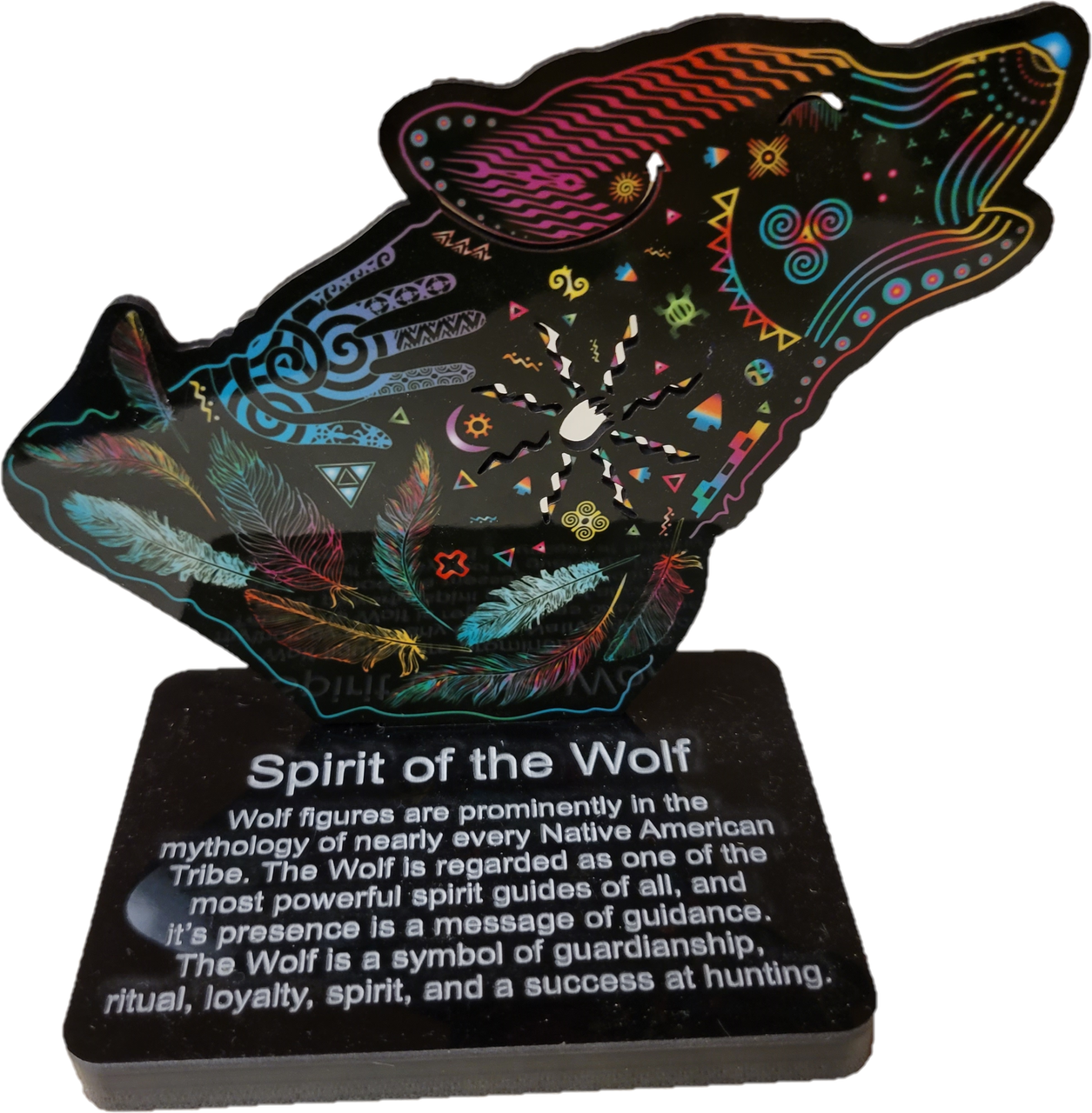 Spirit of the Wolf Color Stand. Approx 4" tall
Wolf figures are prominently in the mythology of nearly every Native American Tribe. The Wolf is regarded as one of the most powerful spirit guides of all, and its presence is a message of guardianship, ritual, loyalty, spirit, and success at hunting.