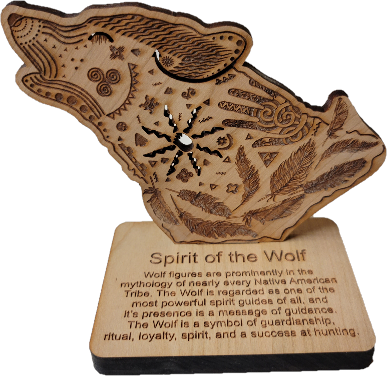 Spirit of the Wolf Wood Stand. Approx 4" tall
Wolf figures are prominently in the mythology of nearly every Native American Tribe. The Wolf is regarded as one of the most powerful spirit guides of all, and its presence is a message of guardianship, ritual, loyalty, spirit, and success at hunting.