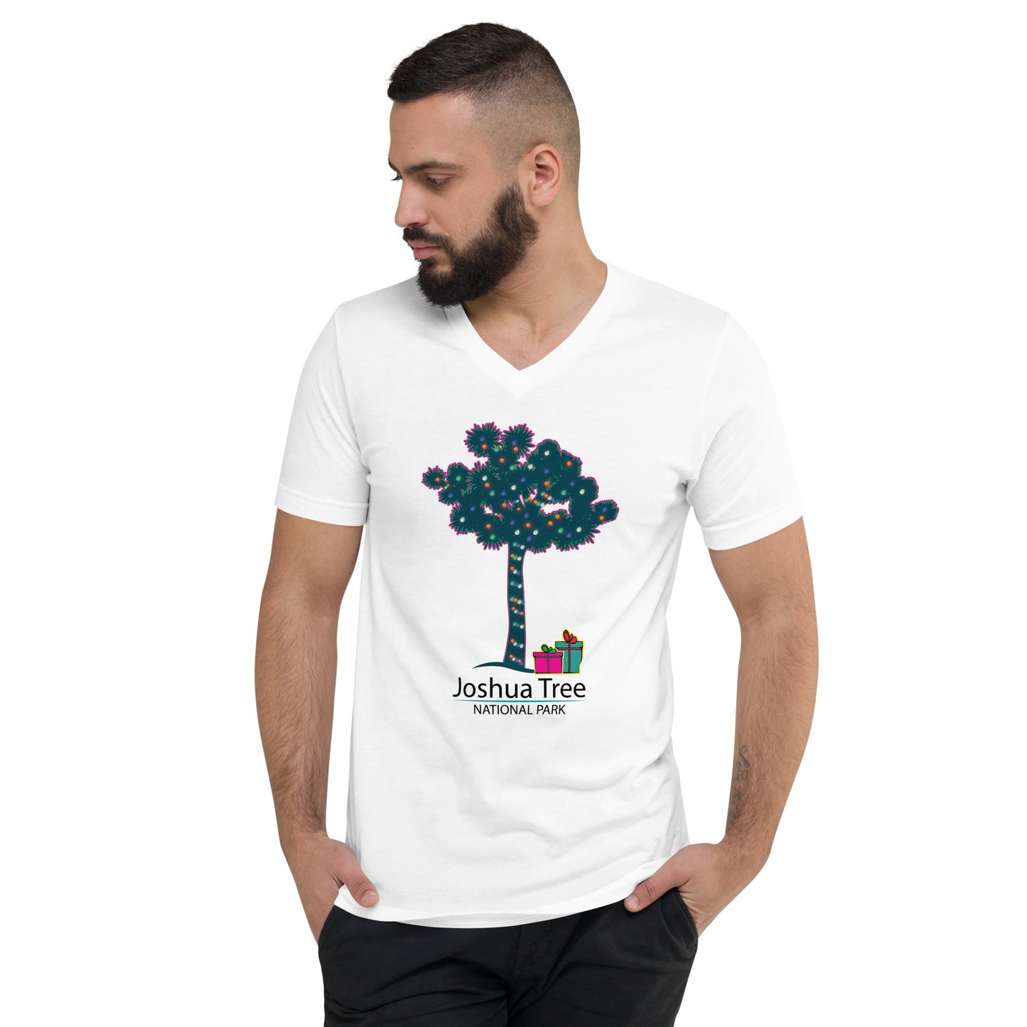 Joshua Tree Lit Tree with Gifts Unisex Short Sleeve V-Neck Holiday T-Shirt