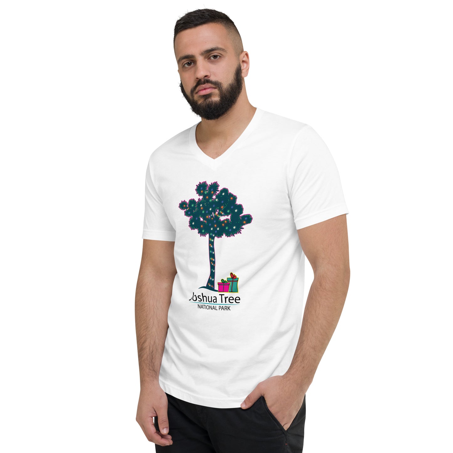 Joshua Tree Lit Tree with Gifts Unisex Short Sleeve V-Neck Holiday T-Shirt