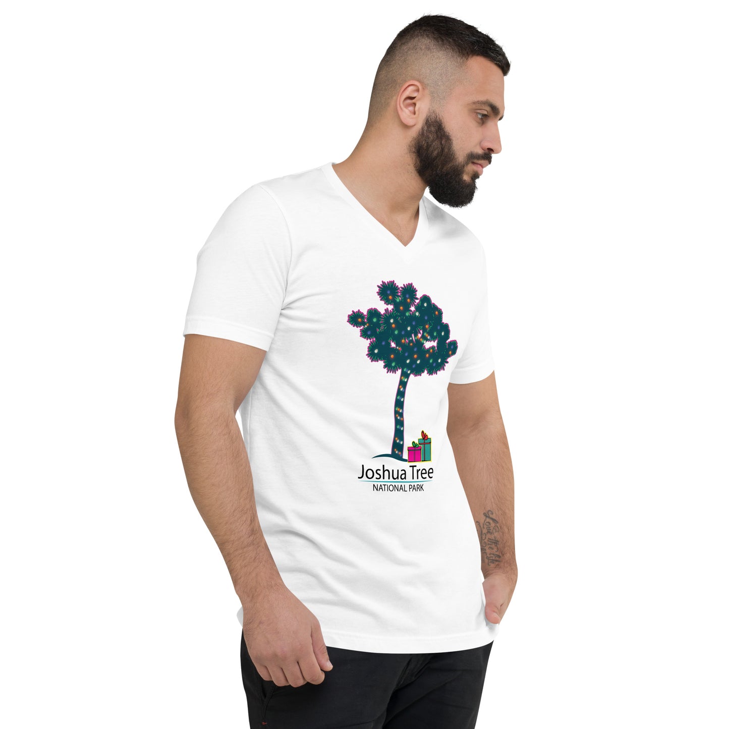 Joshua Tree Lit Tree with Gifts Unisex Short Sleeve V-Neck Holiday T-Shirt