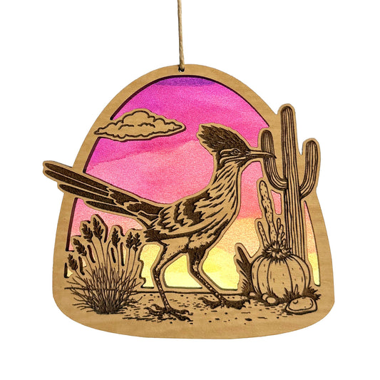 Roadrunner Sunset Wood Ornament