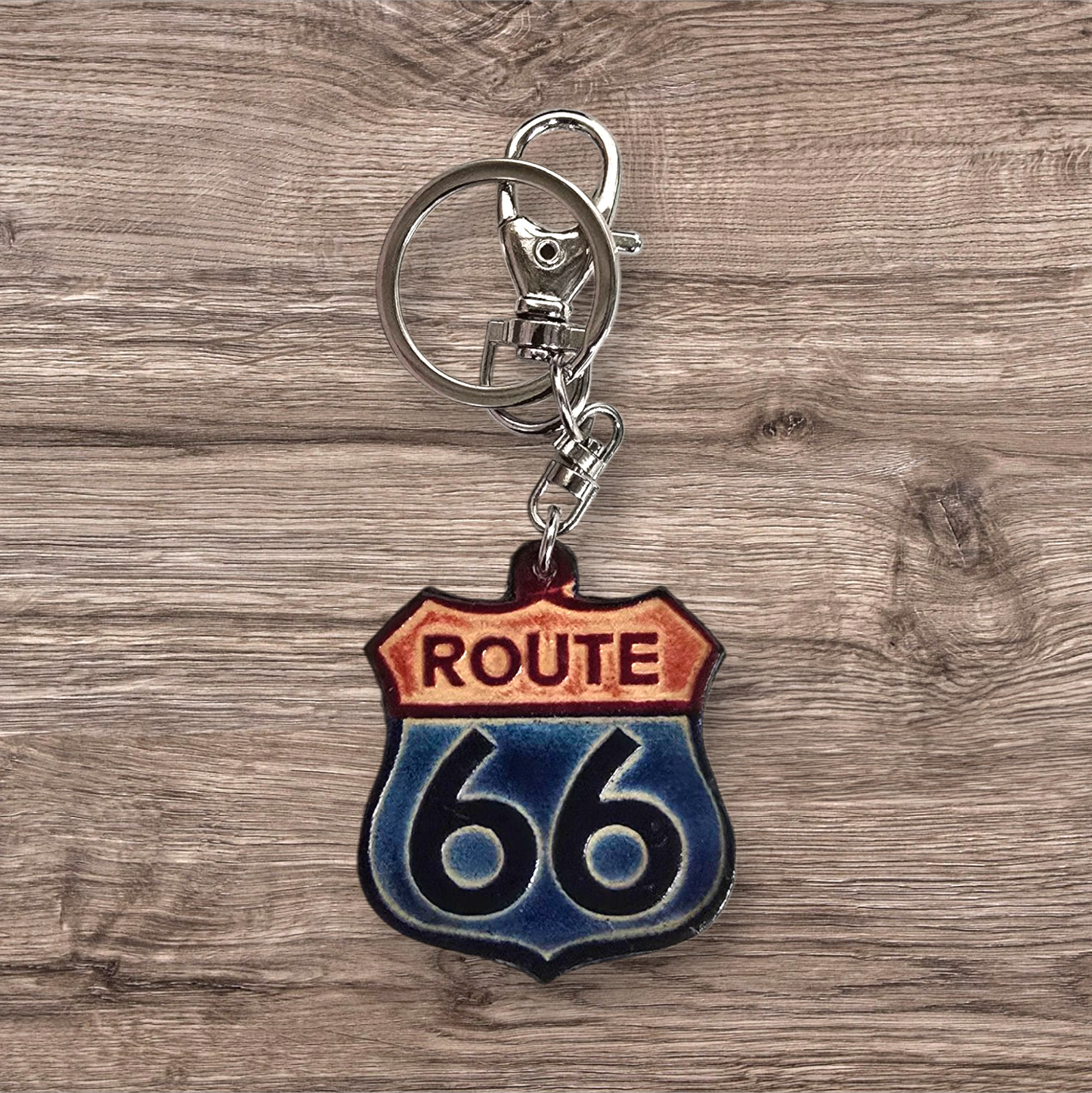 Handmade Leather Route 66 Keychain