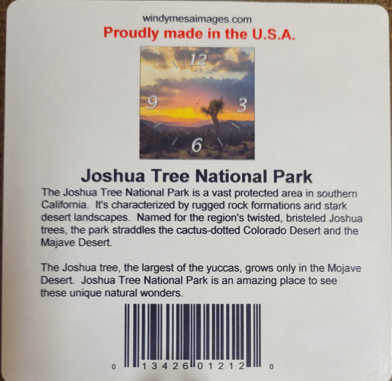 Joshua Tree Sunset Clock Back Info