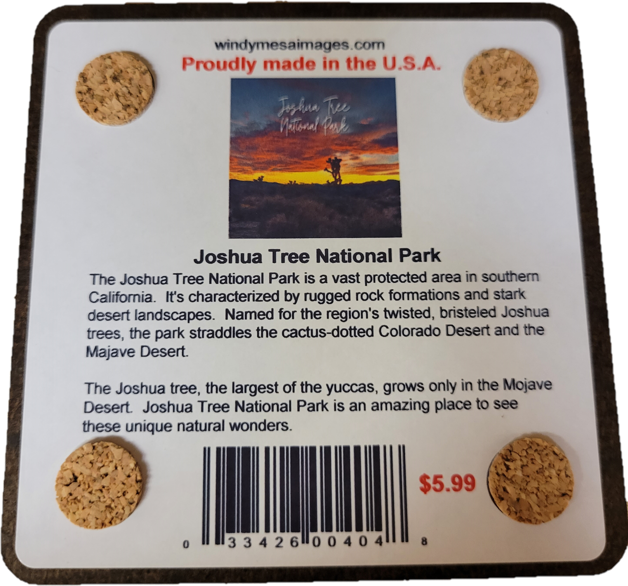 Joshua Tree National Park Joshua Tree Sunset Coaster info on back