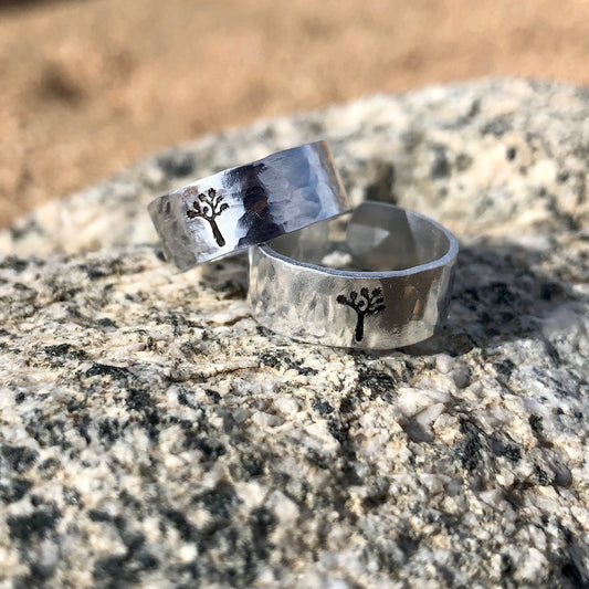 Hand-stamped and textured Joshua Tree rings made locally by Swirly Haze Studio