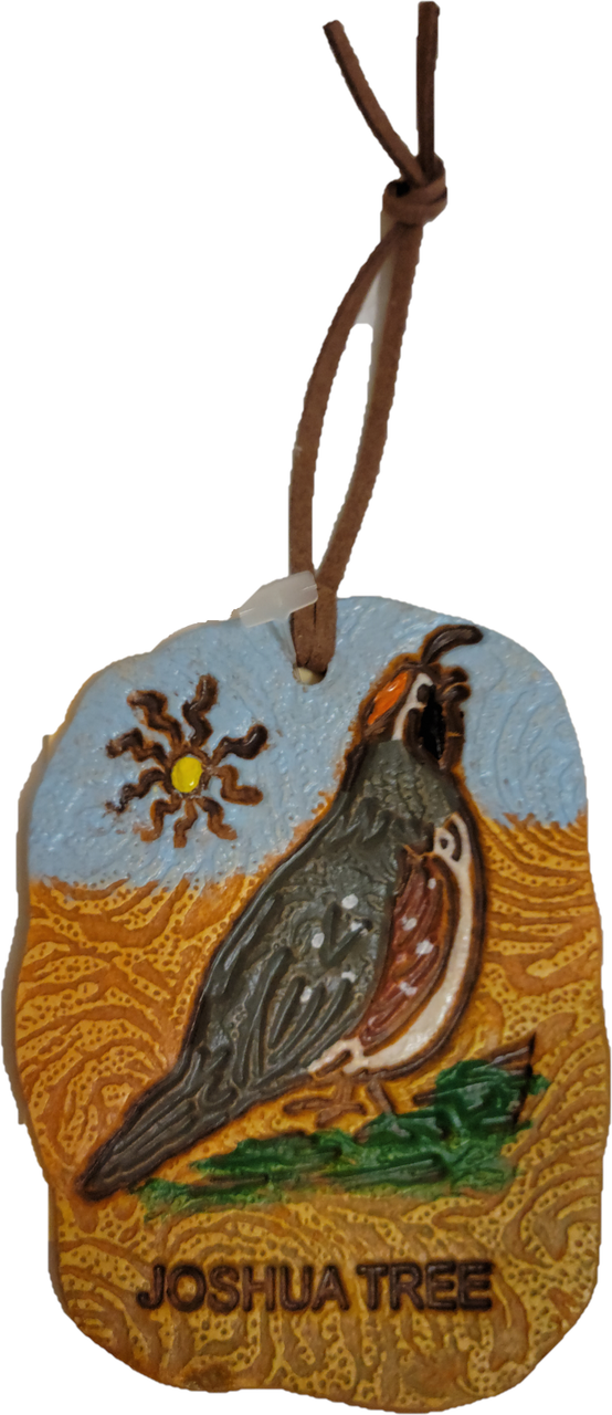 Joshua Tree Gamble's Quail Clay Ornament
A bird of the desert southwest. They run or walk in groups up to a dozen or more birds. Recognizable from their "comma-shaped" topknot of feathers on their head.