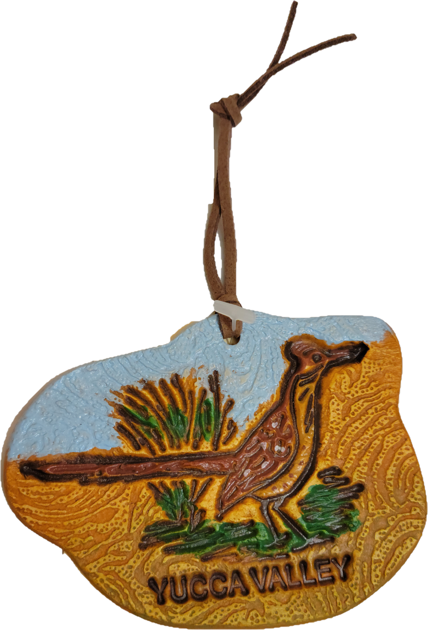 Yucca Valley Roadrunner Clay Ornament
A long legged bird belonging to the cuckoo family. They are found throughout the US, Southwest and Northern Mexico. They can run up to 26 MPH!