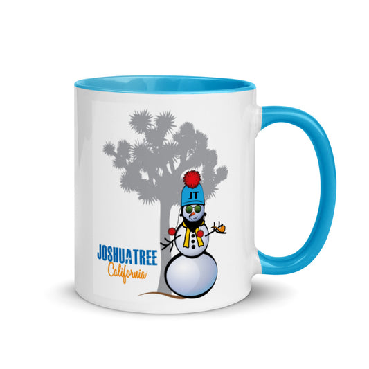 Joshua Tree Snowman Mug with Blue Handle and Inside