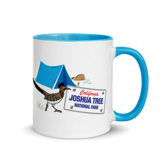 Roadrunner Camping Scene Mug with Blue Handle and Inside